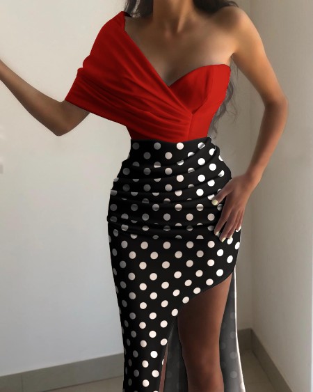 Polka Dot One Shoulder Ruched High Slit Party Dress