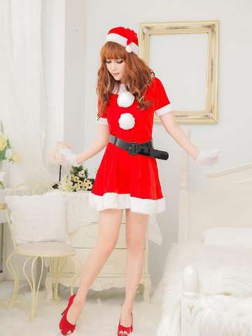 Sexy Red Xmas Santa Velvet Costumes Dress Waistband & Hat Christmas Lingerie Santa Soldier