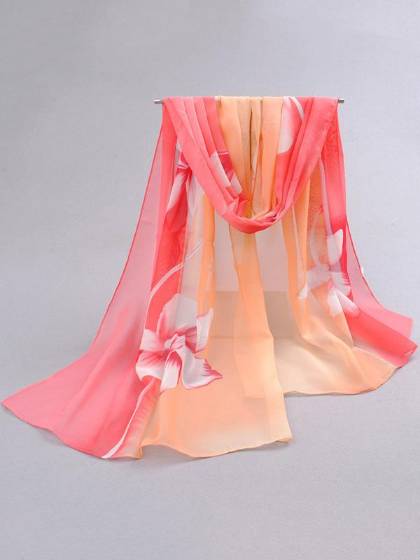 New Women's Autumn Winter Bright Flowers Printed Wild Chiffon Warm Scarves Shawl Melon Red + Orange Gradient Long Cappa