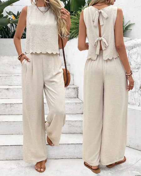 2 Pieces Outfit Sleeveless Tie Back Backless Scallop Hem Tank Top and Elastic Back Waist Wide Leg Pants Set Casual Textured Set