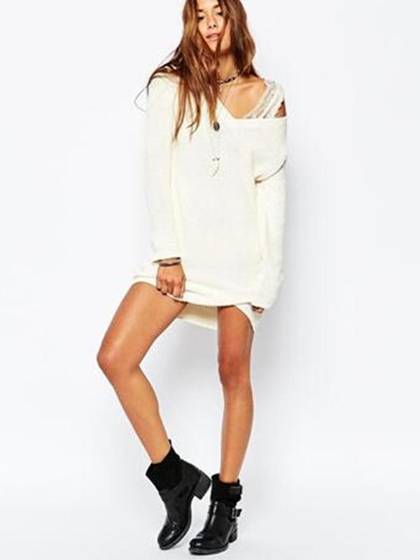 Fashion Women's Retro Long Sleeve V Neck Long Section Sweaters Loose Knitted Pullover Sweater