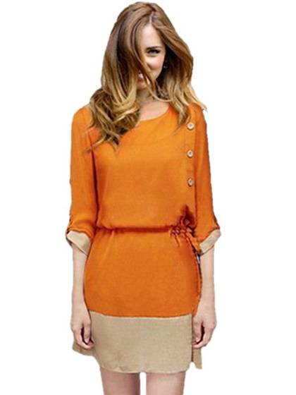 Women Casual Chiffon Patchwork Orange Dress For Ladies Lacing Button With Draw Cord