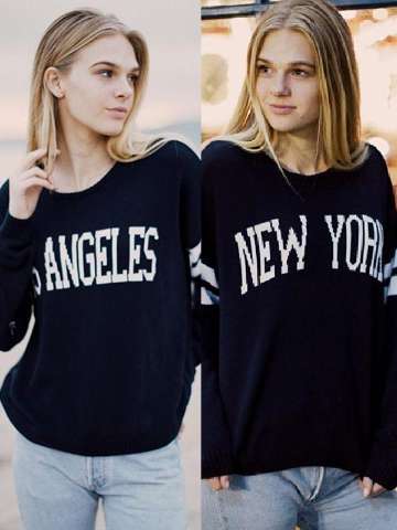 Fashion Women Black Striped New York and Los Angeles Pattern Pullover Knitwear Casual Loose O Neck Long Sleeve Knitted Sweater