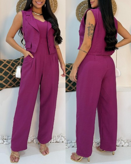 2 Pieces Outfit Sleeveless Notched Collar Crop Vest and Casual Spaghetti Strap Wide Leg Jumpsuit
