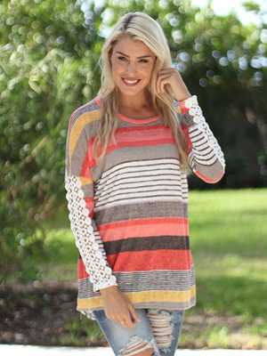 Women's Cotton Stitching Long Sleeve Striped Lace Patchwork T Shirt Tops Autumn Pullovers