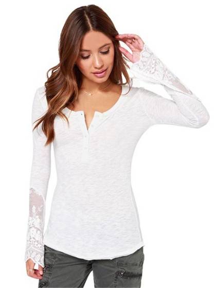 Women Korean Fashion Lace Stitching Blouse V-neck Long-sleeve Casual Base Shirt Tops