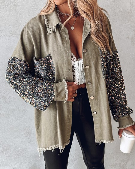 Casual Jacket Sequin Patchwork Long Sleeve Jacket Top Button Front Raw Hem Oversized Denim Shacket