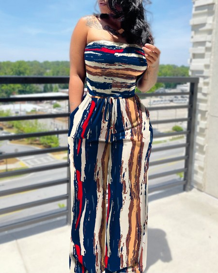 Colorful Striped Drawstring Waist Shirred Bodice Wide Leg Jumpsuit