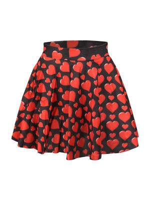 Women's Fashion Red Hearts Digital Print High Waist Dresses Flared Skater Mini Skirts