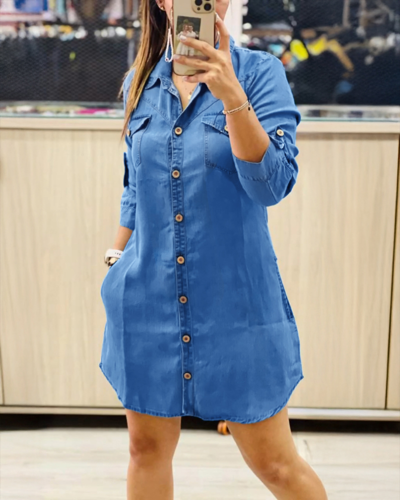 Turn-down Collar Roll Up Sleeve Button Down Shirt Dress Casual Flap Pockets Design Curved Hem Denim Look Dress