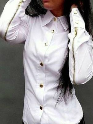 Spring And Autumn Women Fashion Blouse With Zipper Rivet Long Sleeve Turn-down Collar Shirt