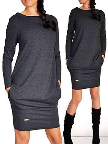 Fashion Casual Solid Basic Dress Round Neck Long Sleeve Hip Package Slim Fit Cotton Dress