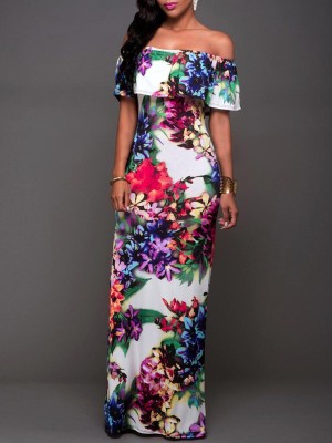 Fashion Summer Flower Print Women's Off Shoulder Maxi Dress Casual  Long Dress
