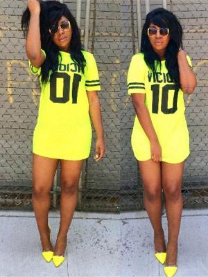 Women's Summer Fashion Fluorescent Green Number One Soft Sexy Slim Short Sleeve Cotton Dress