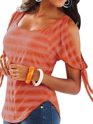 2016 Fashion Short Sleeve O Neck Bandeau Striped Print T-shirt  Fitness Top