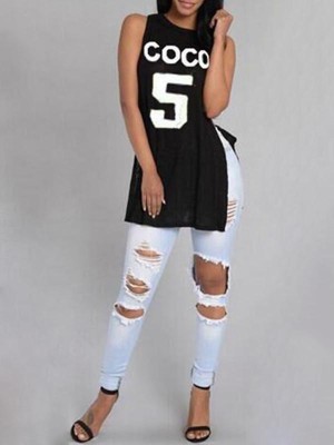 Sexy CoCo No. 5 Letter O-Neck sleeveless T shirt Mini Dress Side Slit Club Dresses Letters printed Slim Bodycon for women