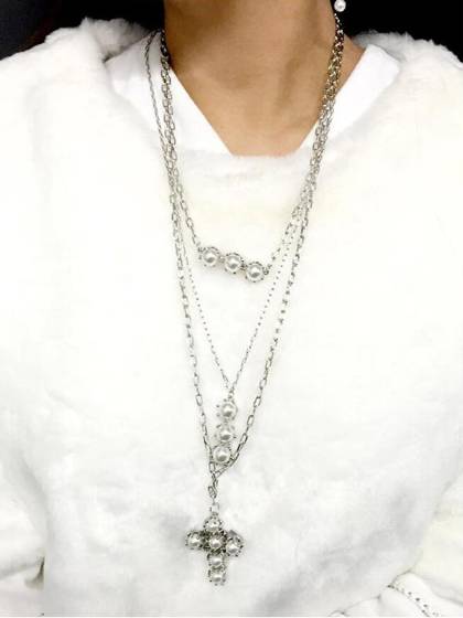 Women Fashion Sweet Silvery White Pearl Long Necklace Boho Party