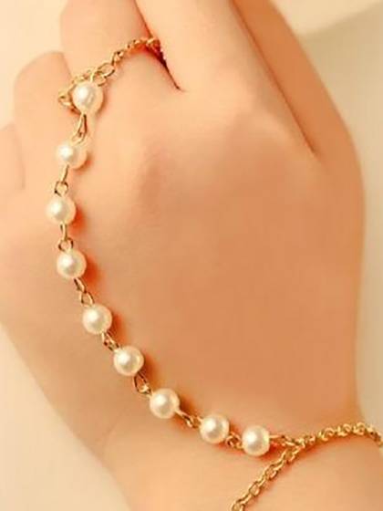 Women's Pearl Gold Chain Rings Bracelet Bangle with Attached Ring Slave Chain Ring