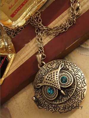 Fashion Jewelry Antique Bronze Blue Eye Owl Locket Retro Long Necklace Pendant