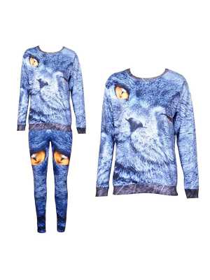 Fashion Women's 2PCS 3D Print Blink Cat Sweatshirt Set /w Pants Leggings Lot