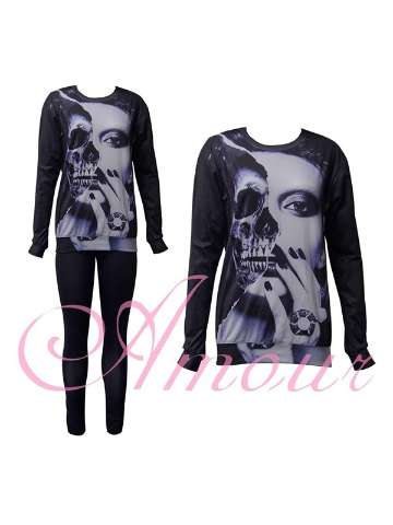 Fashion Women's 2PCS 3D Print Skull and Beauty Sweatshirt Set /w Pants Leggings Lot