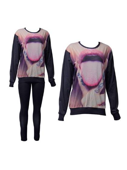 Fashion Women's 2PCS 3D Print the tongue Sweatshirt Set /w Pants Suit Sets