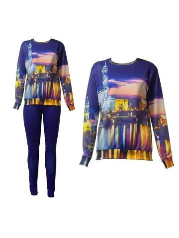 Fashion Women's 2PCS 3D Print Night View Cult Sweatshirt Set/w Pants Suit Sets