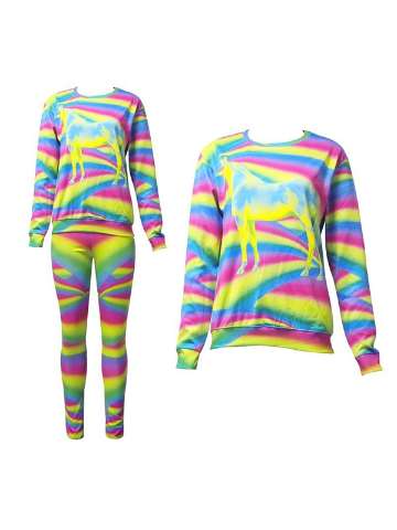 Fashion Women's 2PCS 3D Print illusion rainbow horse Sweatshirt Set /w Pants Suit Sets