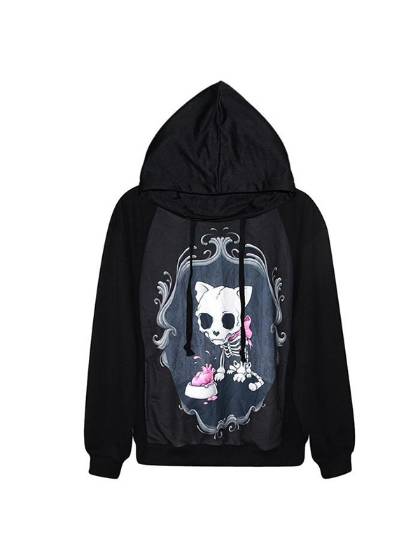 Womens Fashion Digital Print Steampunk X ray Kitten Zipper Front Jacket Long Sleeve Coat Streat Wear