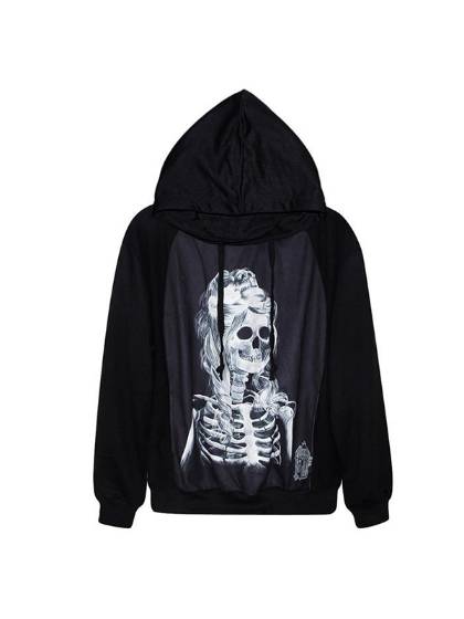 Womens Fashion Digital Print Zombie Beauty & Bird Zipper Front Jacket Long Sleeve Sweatshirts & Hoodies
