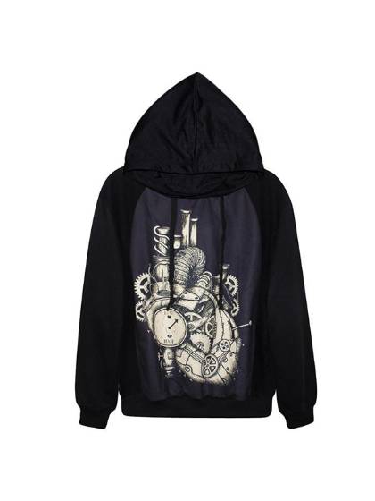 Womens Fashion Digital Print Steampunk Heart Zipper Front Jacket Long Sleeve Coat Streat Wear