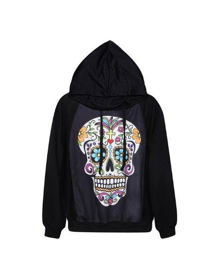 Womens Fashion Digital Print Floral Skull Zipper Front Jacket Long Sleeve Coat Streat Wear