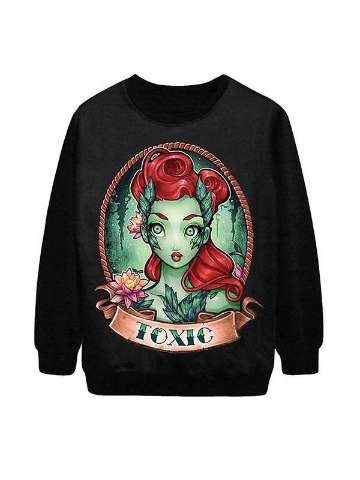 Women's Fashion Poison Ivy Pattern Digital Print Long Sleeve Pullovers Sweatshirt Hoodies(Black)