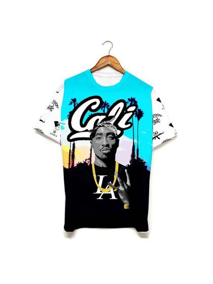 Unisex Tops Hip Hop 2PAC Pattern Crewneck Short Sleeve Loose Casual T-Shirt Men's Fashion