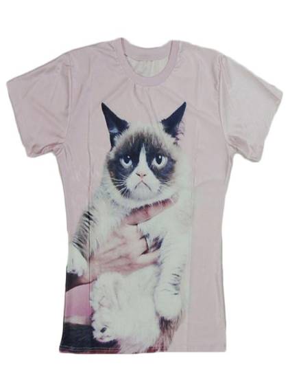 Women's Men's Unisex Tops Grumpy Cat Printed Pattern Round Neck Casual T Shirt (Pink)