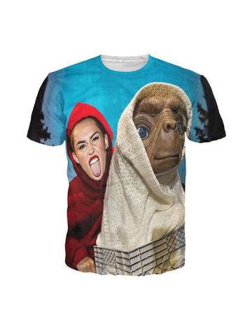 Women's Men's Unisex Tops miley ET Printed Pattern Round Neck Casual T Shirt (Blue)