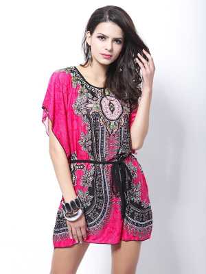 Women Fashion Oversized Plus Retro Mirror Print Batwing Sleeve Boho Hippie's Summer Tunic Dress