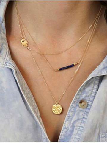 Women Fashion Sweet Golden Multi Layer Necklace With Bead Pendant