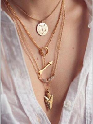 Women Fashion Sweet Golden Multi Layer Necklace With Fish Arrow Angle Wing Round Pendant