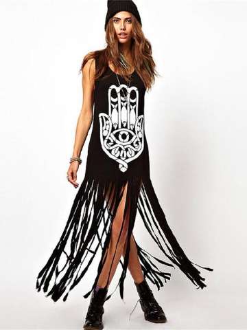 Women Fashion Black Fatima Lucky Hand Print Sleeveless Long Dress With Tassels Hem