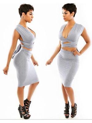 Fashion Women Gray Sexy Sleeveless Wrapped Bandage Crop Cami Top With Knee Length Pencil Skirt