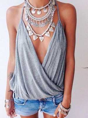 Women Fashion Sexy Cotton V Neck Sleeveless Backless Halter T-shirt Top