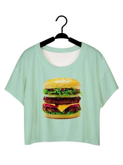 Women's Fashion 3D Digital Cartoon Hungry Hamburger Print Sleeveless Slim Vest Tank Crop Top T-shirt