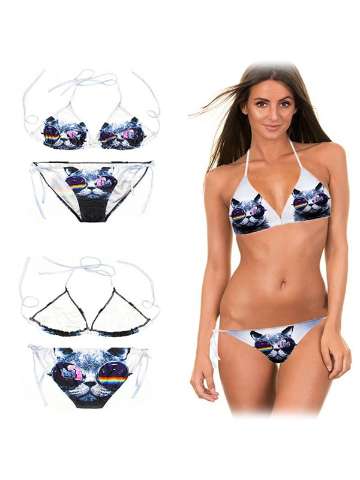 New Women's Hot Fashion Brazilian Halter Neck Digital Punk Cat Print Bikinis Set Swimwear
