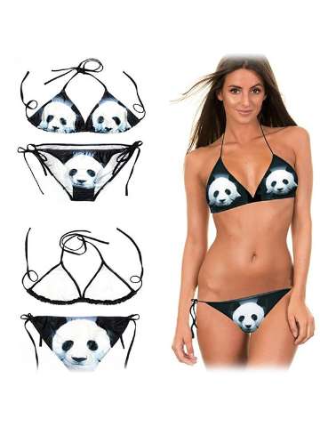 New Women's Hot Fashion Brazilian Halter Neck Digital Punk Cat Print Bikinis Set Swimwear