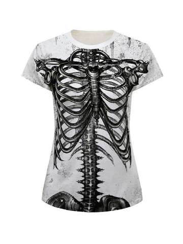 Women's Tops X-ray Skeleton Printed Pattern Round Neck Casual T Shirt (Black)