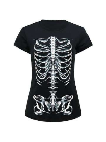 Women's Tops X-ray Skull Printed Pattern Round Neck Casual T Shirt (Black)