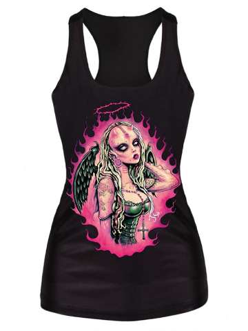 Fashion Digital Print Gothic Steampunk Theme pink angel Tank Top Bodysuit Clubwear