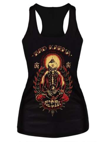 Fashion Steampunk Bad Karma Digital Print Gothic Tank Top Bodysuit Women Clubwear