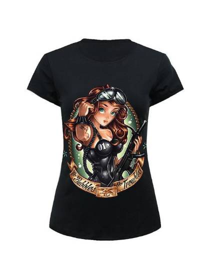 Women's Tops Sci-fi Warrior Printed Pattern Round Neck Casual T Shirt (Black)